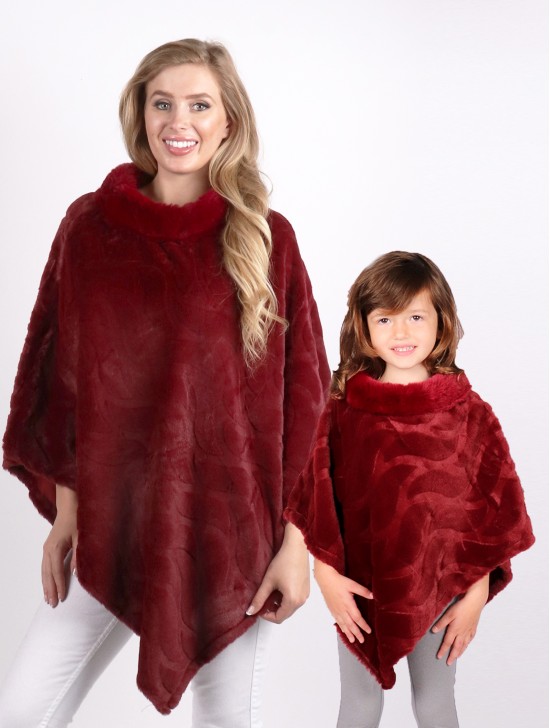 Mom and Kids Wave Pattern Faux Fur Poncho
